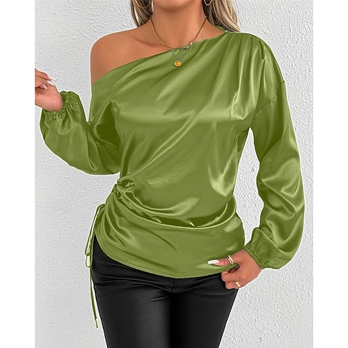  Dames Overhemd Satijnen overhemd Effen Stijlvol Casual Lange mouw koude schouder Normale tops Dagelijks Uitgaan Asymmetrisch Zwart Groen Lente Herfst