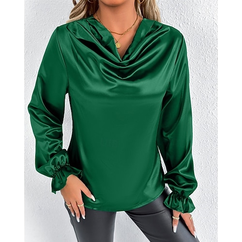 Per donna Camicia Camicia in raso Tinta unica Elegante Casual Manica Lunga Scollo a Cascata Top Regolari Quotidiano Uscire Drappeggiato Nero Rosa Verde Albicocca Primavera Autunno