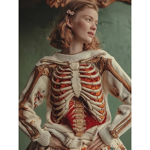  Halloween dámský svetr kostra roztomilý streetwear casual grafika kostra kulatý výstřih patchwork pletený dlouhý rukáv běžné topy pletená černá růžová podzim zima