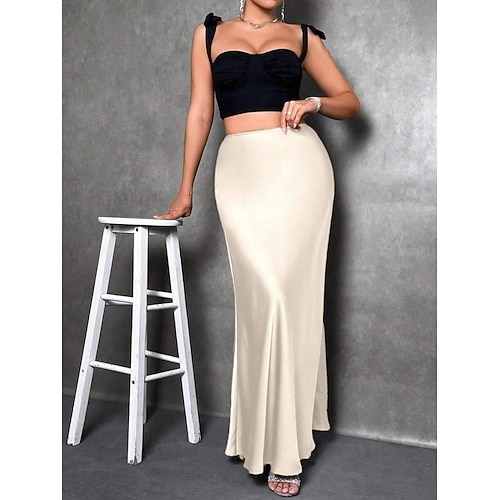 Femmes Jupe Moulant Élégant Mode Maxi Taille haute Jupes Uni Micro-Élastique Soirée Rue Noir Fuchsia Vert Kaki Printemps Satin Polyester