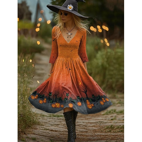  Halloween Dámské Midi šaty Áčkové šaty prázdniny Večírek Na běžné nošení Párty Běžný Grafika Dýně Dlouhý rukáv Do V Černá Fialová Oranžová Hnědá Jaro Podzim