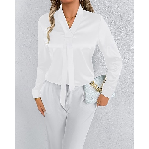 Per donna Camicia Camicia in raso Tinta unica Elegante Casual Manica Lunga Scollo a V Top Regolari Quotidiano Uscire Nodo frontale Nero Bianco Primavera Autunno