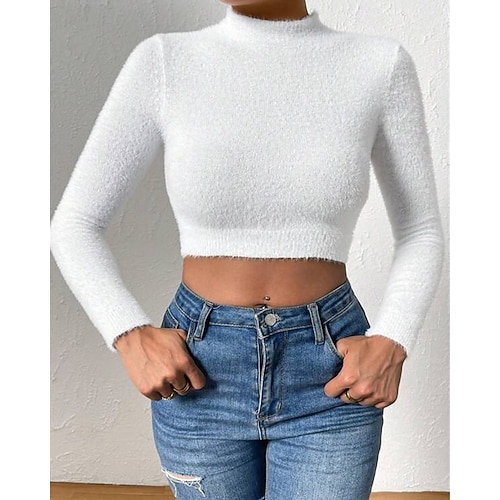  Femmes Pull Mode Occasionnel Couleur Unie Côtelé Col montant Tricoté manche longue Hauts Réguliers Tricoter Extérieur Quotidien Week-end Noir Blanche Automne Hiver