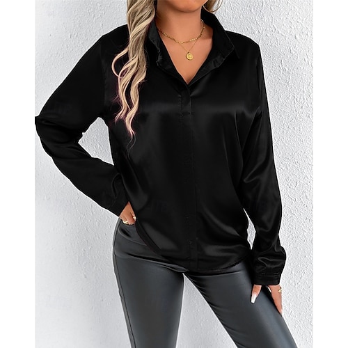 Per donna Camicia Camicia in raso Tinta unica Elegante Casual Manica Lunga Colletto a Camicia Top Regolari Quotidiano Uscire Bottoni Nero Bianco Beige Primavera Autunno