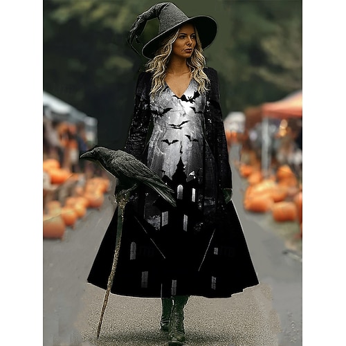  Halloween Women's Witch Print Maxi Dress A Line Dress Vacation Casual Boho Beach Regular Fit Floral Graphic Long Sleeve V Neck Deep Purple Black Pink Wine Spring Fall