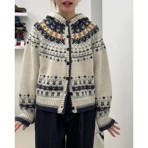  Dame Genser Kofte Fair Isle genser Mote Fritid Geometrisk Riflet Med hette Knapper Strikket Trykt mønster Langermet Vanlige topper Strikke Jul utendørs Daglig Beige Høst Vinter