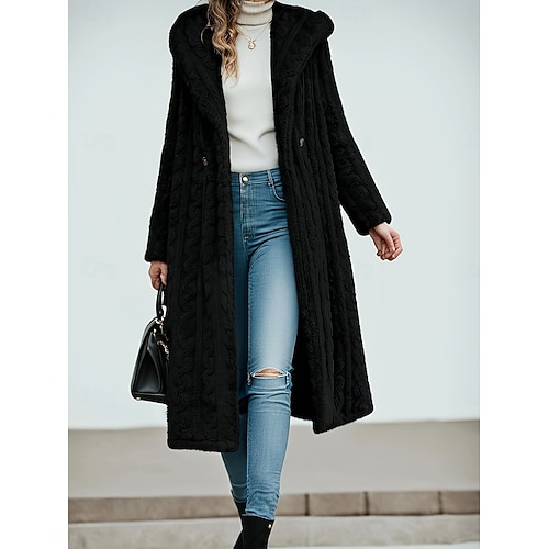  Dam Vinterkappa Sherpajacka Bekväm Andningsfunktion Ficka Ledigt Slät Semester Gata Ledigt Dagliga kläder Öppen front Lång Huva Normal Långärmad Ytterkläder Svart Aprikos Beige Vår Höst