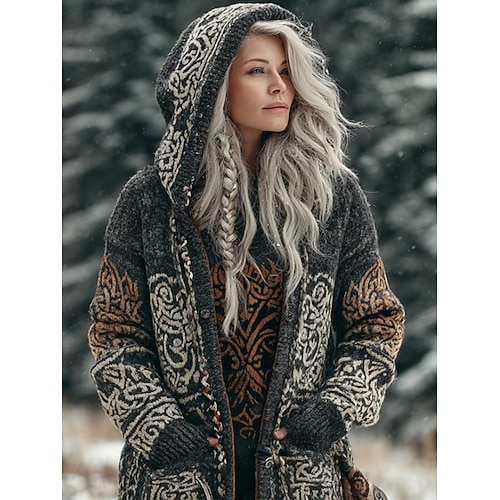  vikingský boho dámský kardigan vintage denní etnický styl geometrický barevný gradient žebrovaný s kapucí kapsy knoflíky potisk dlouhý rukáv dlouhé tílko pletené outdoor víkend žlutá modrá podzim zima