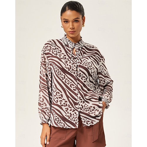Mujer Camisa casual Estampado de Cebra Casual Marrón Lazo en la espalda / Lazo en la parte delantera Manga Larga Elegante Bohemia Vacaciones Escote en Pico Verano Primavera