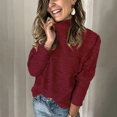  Damen Pullover Mode Lässig Einfarbig Gerippt Rollkragen Gestrickt Langarm Normale Oberteile Stricken Outdoor Täglich Wochenende Weinrot Weiß Herbst Winter