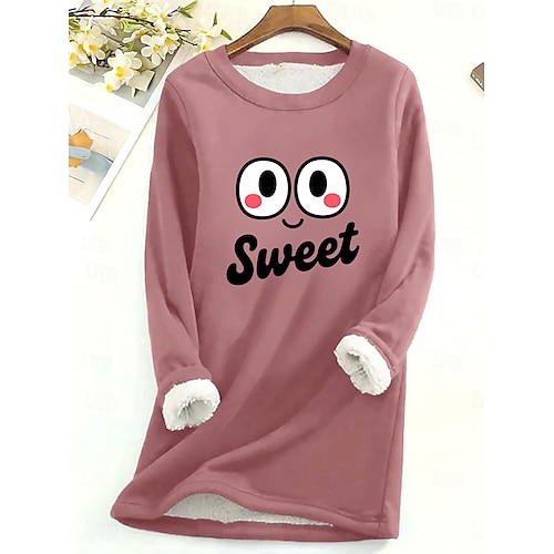  Dámská mikina s potiskem, teplá, ležérní, chlupatá, s dlouhým rukávem, kulatý výstřih, běžné tílko, street casual, žlutá, růžová, tmavě růžová, modrá, šedá, jaro, podzim, zima