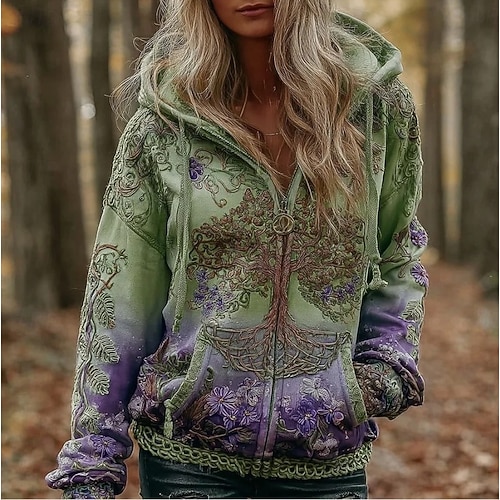 Felpa con cappuccio vintage boho 3D stampata per donne felpa patchwork con cappuccio felpa con zip floreale moda vintage casual con maniche lunghe cappuccio uso quotidiano da strada patchwork tasca