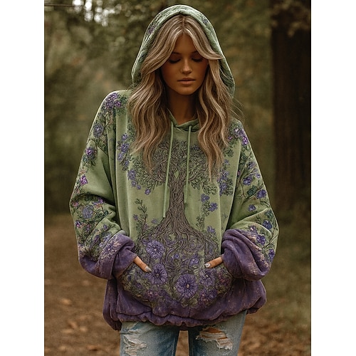  Women's Viking Pullover Hoodie Sweatshirt Floral Graphic Vintage Casual Boho Long Sleeve Hooded Regular Tops Street  Print Front Pocket Green Spring Fall Winter