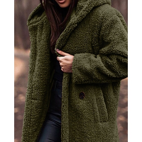  Dames Winterjas Fleecejack Houd Warm Comfortabel Zak Knop Modieus Casual Effen Vakantie Straat Casual Alledaagse kleding Enkele rij knopen Lang Capuchon Normale pasvorm Lange mouw bovenkleding Leger