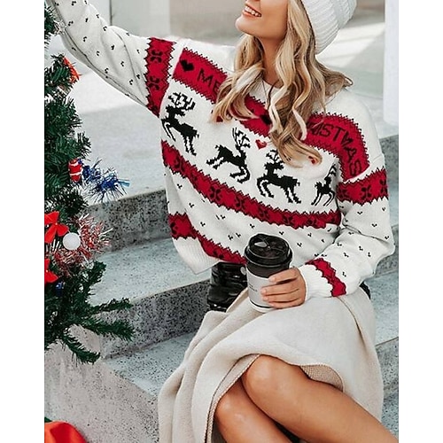  Femmes Pull de Noël Pull Fair Isle Pull Pull Fair Isle Mode Occasionnel Renne de Noël Côtelé Col ras du cou Tricoté Imprimé manche longue Hauts Réguliers Tricoter Noël Extérieur Quotidien Rouge