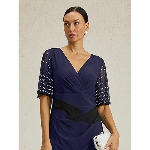  Femmes Robe maxi Robe fourreau Élégant Couleur Unie Manche Courte Col en V bleu marine Été Printemps Automne