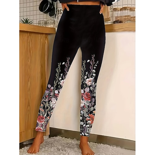 Damskie Getry Zabytkowe Moda Moda miejska Pełna długość Wysoka talia Kwiaty Graficzny Drukowanie Keep Warm Miękka Oddychający Elastyczny Urlop Ulica Czarny Żółty Pomarańczowy Zielony Wiosna Jesie