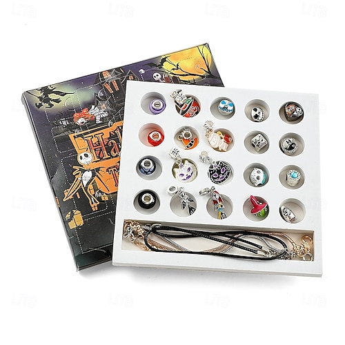  Halloween Advent Calendar Halloween Treasures Charm Bracelet 24 Days DIY Jewelry Making Kit with 20 Charm Beads and 3 Adjustable Bracelets, Xmas Countdown Gift for Kids Teens Women