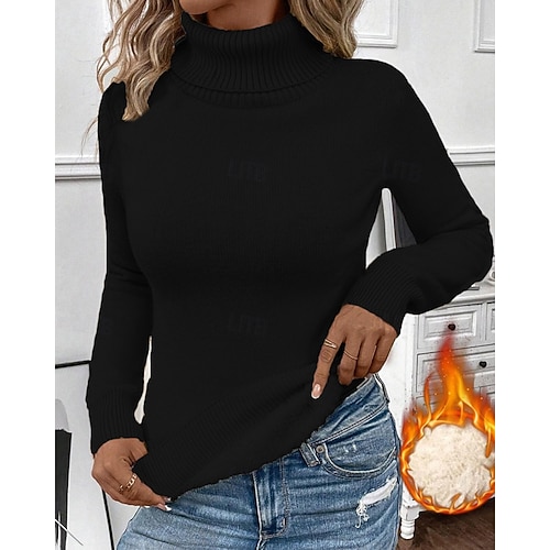  Damen Pullover Lässig Weich Einfarbig Gerippt Rollkragen Gestrickt Langarm Normale Oberteile Stricken Outdoor Täglich Wochenende Schwarz Weiß Herbst Winter