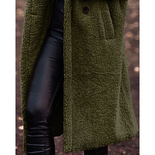  Dames Winterjas Fleecejack Houd Warm Comfortabel Zak Knop Modieus Casual Effen Vakantie Straat Casual Alledaagse kleding Enkele rij knopen Lang Capuchon Normale pasvorm Lange mouw bovenkleding Leger