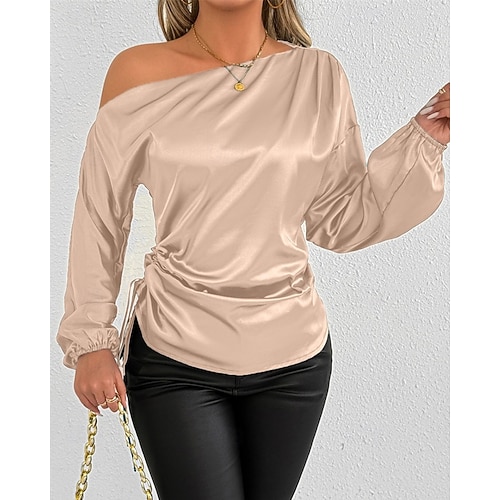  Dames Overhemd Satijnen overhemd Effen Kleur Stijlvol Casual Lange mouw Schouderafhangend koude schouder Normale tops Dagelijks Uitgaan Asymmetrisch Blozend Roze Abrikoos Lente Herfst