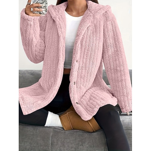  Dames Sherpa jas Comfortabel Ademend Zak Knop Casual Effen Vakantie Straat Casual Alledaagse kleding Enkele rij knopen Lang Capuchon Ruim Passend Lange mouw bovenkleding Zwart Blozend Roze Rood Lente
