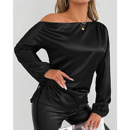  Dames Overhemd Satijnen overhemd Effen Stijlvol Casual Lange mouw koude schouder Normale tops Dagelijks Uitgaan Asymmetrisch Zwart Groen Lente Herfst