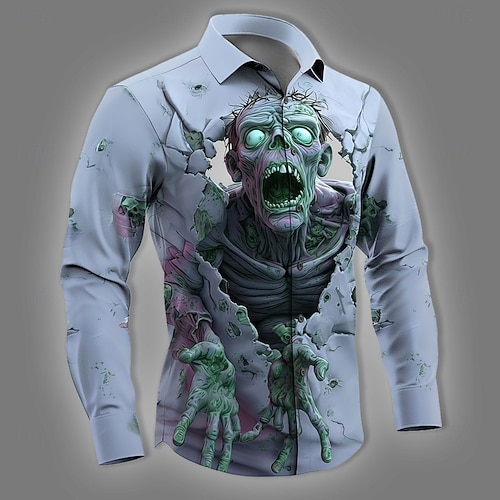  Halloween Herren Zombies Skelett Horror Hemd Knopfhemd Langarm Dunkler Gothic-Stil Ferien Streetwear Frühling Herbst Umlegekragen 3D-Druck Hemden mit Kragen Blau Grün Khaki