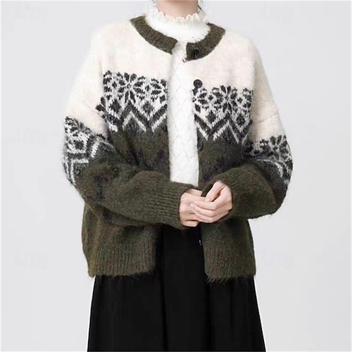  Dame Genser Kofte Fair Isle genser Årgang Mote Fritid snowflakes Riflet Crew-hals Knapper Strikket Trykt mønster Langermet Vanlige topper Strikke Jul utendørs Daglig Militærgrønn Høst Vinter