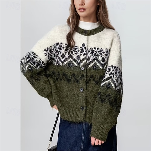  Dame Genser Kofte Fair Isle genser Årgang Mote Fritid snowflakes Riflet Crew-hals Knapper Strikket Trykt mønster Langermet Vanlige topper Strikke Jul utendørs Daglig Militærgrønn Høst Vinter