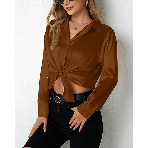  Per donna Camicia Camicia in raso Tinta unica Vintage Tropicale Elegante Manica Lunga Scollo a V Colletto a Camicia Top Regolari Quotidiano Uscire Bottoni Nero Cammello Marrone Grigio scuro Grigio