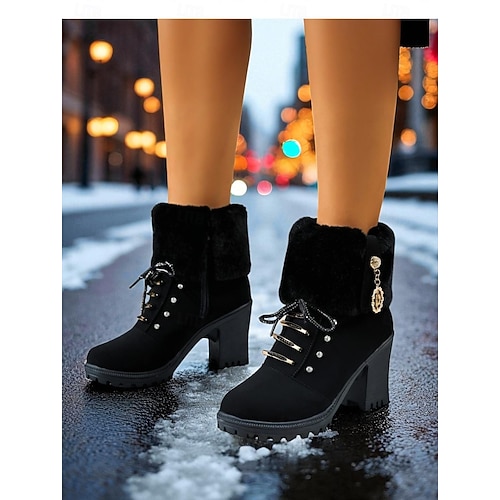  Botas femininas pretas de pele sintética com cadarço e salto grosso – botas de neve quentes para mercados de Natal, streetwear casual e moderno