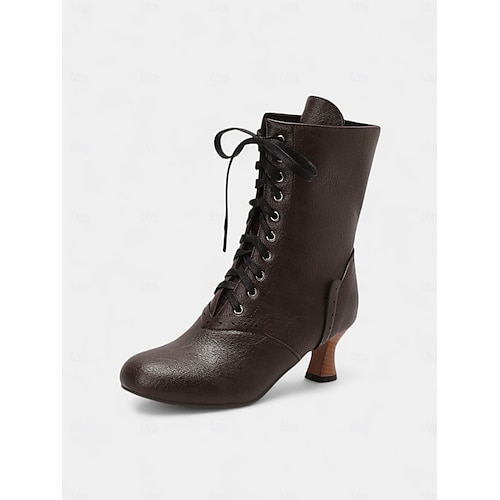  Women's 1950s Brogue Lace-Up Ankle Boots – Vintage Burgundy Leather Low Heel Retro Booties for Elegant Daily, Cosplay and Formal Party Wear