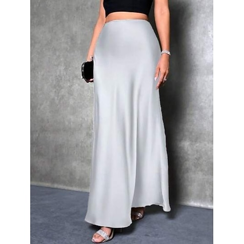  Femmes Jupe Moulant Élégant Mode Maxi Taille haute Jupes Uni Non Elastique Soirée Rue Argent Rose Claire bleu marine Bleu Printemps Satin Polyester