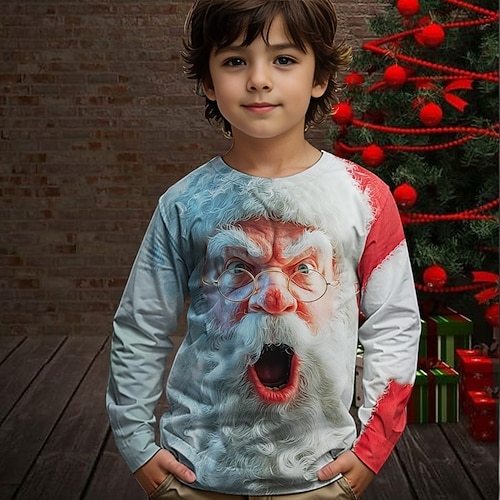  Jul Pojkar 3D Grafisk jultomten T-shirt Långärmad Vår Höst Mode Grundläggande Barn 4-12 år Rund hals Utomhus Ledigt Dagligen Normal