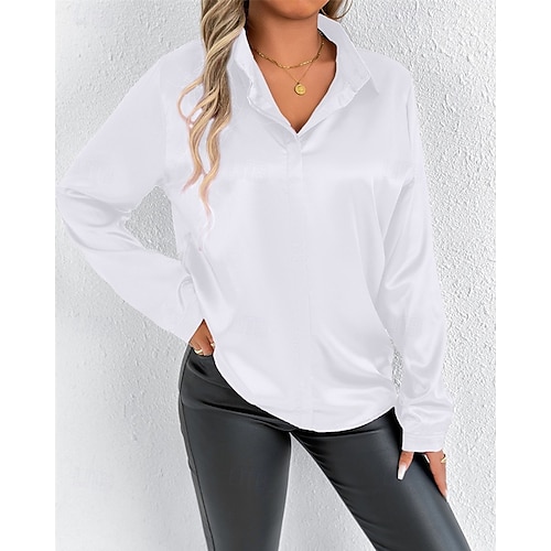  Per donna Camicia Camicia in raso Tinta unica Elegante Casual Manica Lunga Colletto a Camicia Top Regolari Quotidiano Uscire Bottoni Nero Bianco Beige Primavera Autunno