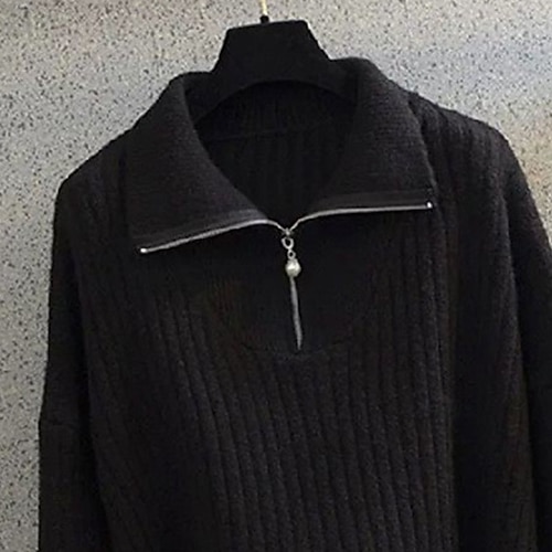  Damen Pullover Mode Basic Lässig Einfarbig Gerippt Halber Reißverschluss Reißverschluss Gestrickt Langarm Normale Oberteile Stricken Outdoor Täglich Wochenende Schwarz Herbst Winter