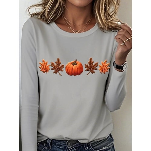 Femmes T-shirt Graphique Plantes ancien Élégant Classique manche longue Col ras du cou Col rond Hauts Réguliers Quotidien Imprimé Noir Bleu Orange Gris foncé Gris Printemps Automne Hiver