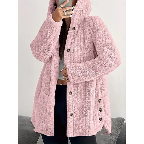 Dames Sherpa jas Comfortabel Ademend Zak Knop Casual Effen Vakantie Straat Casual Alledaagse kleding Enkele rij knopen Lang Capuchon Ruim Passend Lange mouw bovenkleding Zwart Blozend Roze Rood Lente