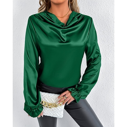  Per donna Camicia Camicia in raso Tinta unica Elegante Casual Manica Lunga Scollo a Cascata Top Regolari Quotidiano Uscire Drappeggiato Nero Rosa Verde Albicocca Primavera Autunno