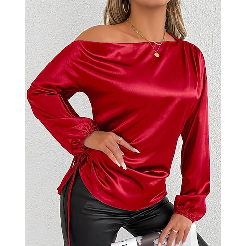  Dames Overhemd Satijnen overhemd Effen Kleur Effen Stijlvol Casual Lange mouw koude schouder Normale tops Dagelijks Uitgaan Asymmetrisch Rood Zomer Lente Herfst