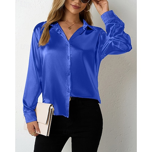  Per donna Camicia Camicia in raso Tinta unica Elegante Casual Manica Lunga Colletto a Camicia Top Regolari Quotidiano Uscire Bottoni Vino Blu Reale Viola Arancione Verde Primavera Autunno