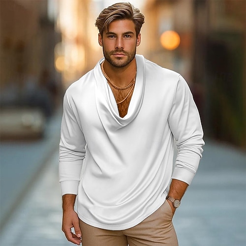 Homme Coton Lin Solide Décontracté Grande Taille Chemise Ample Hommes Tournant Col Bas Chemise Manches Longues Hommes Chemises avec Nœud Papillon, AG, M