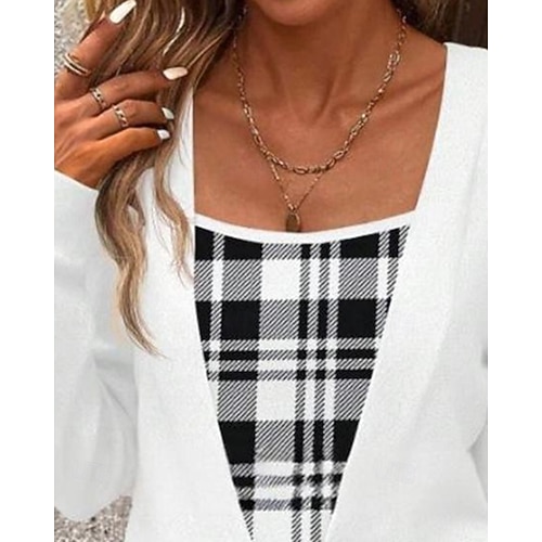  Жен. Рубашка Блуза В клетку Стиль Классический На каждый день Длинный рукав Квадратный вырез Обычные топы Повседневные Праздники С принтом Белый Весна Осень Зима