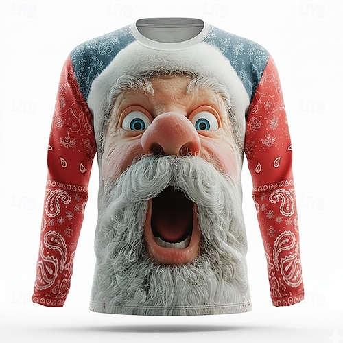  Weihnachten Herren Weihnachtsmann 3D Lustig T Shirt Langarm T-Shirt 3D-Druck Rundhalsausschnitt Hemd Mode Basic 3D Straße Lässig Täglich Schwarz Rote Rot 2 Sommer Frühling Bekleidung S M L XL XXL XXXL