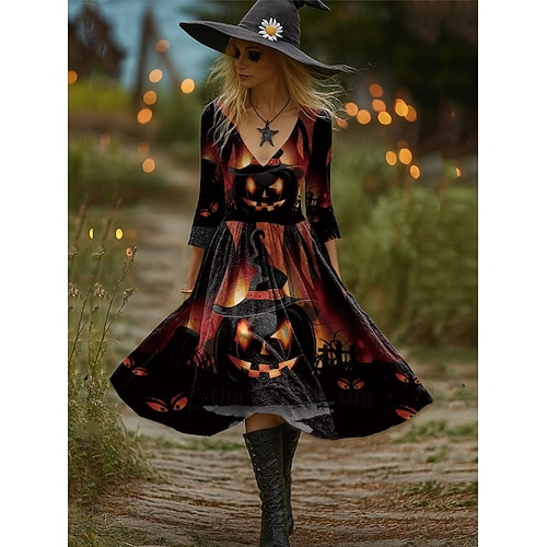  Halloween Dámské Midi šaty Áčkové šaty prázdniny Večírek Na běžné nošení Párty Běžný Grafika Dýně Dlouhý rukáv Do V Černá Fialová Oranžová Hnědá Jaro Podzim