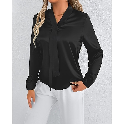  Per donna Camicia Camicia in raso Tinta unica Elegante Casual Manica Lunga Scollo a V Top Regolari Quotidiano Uscire Nodo frontale Nero Bianco Primavera Autunno
