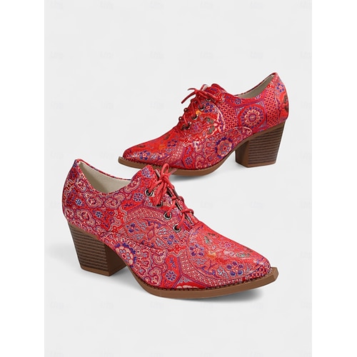  scarpe col tacco oxford stringate con motivo paisley vintage anni '50 da donna - scarpe eleganti con tacco a blocco retrò per professionisti artistici e abbigliamento da ufficio autunnale