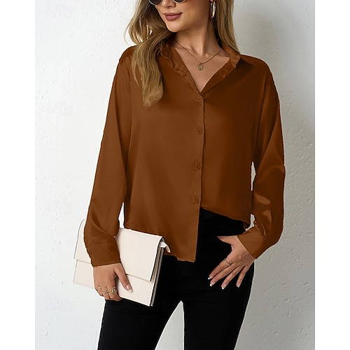  Per donna Camicia Camicia in raso Tinta unica Vintage Tropicale Elegante Manica Lunga Scollo a V Colletto a Camicia Top Regolari Quotidiano Uscire Bottoni Nero Cammello Marrone Grigio scuro Grigio