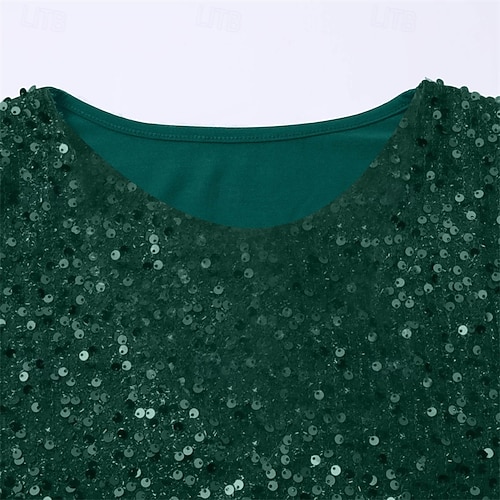  Femmes T-shirt Couleur Unie Mode Élégant Classique manche longue Col ras du cou Hauts Réguliers Quotidien Week-end Paillettes Patchwork Vert Printemps Automne